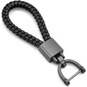 Universal Black Leather Car Fob Keychain Metal Keyring Woven Strap Braided Rope